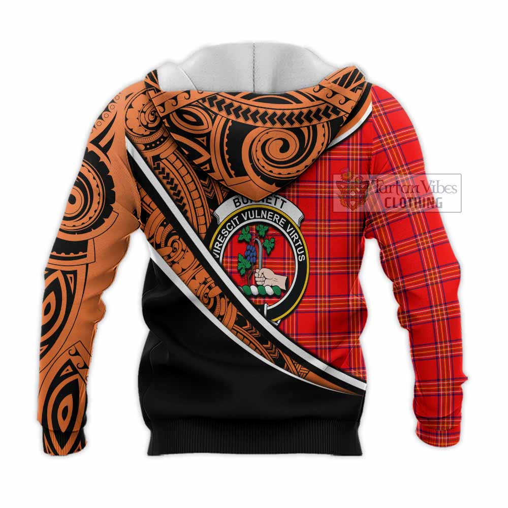 Tartan Vibes Clothing Burnett Crest Tartan Knitted Hoodie with Maori Tattoo Style - Orange Version