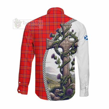 Burnett Tartan Long Sleeve Button Shirt with Family Crest and St. Andrew's Cross Accented by Thistle Vines