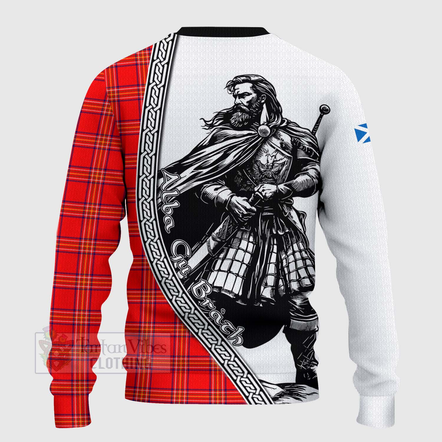 Tartan Vibes Clothing Burnett Tartan Clan Crest Knitted Sweater with Highlander Warrior Celtic Style