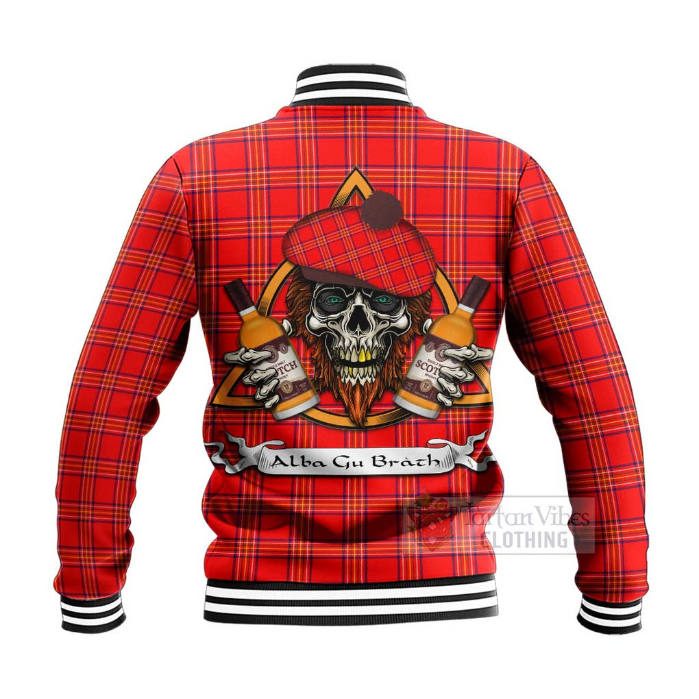 Tartan Vibes Clothing Burnett Tartan Baseball Jacket with Family Crest and Bearded Skull Holding Bottles of Whiskey