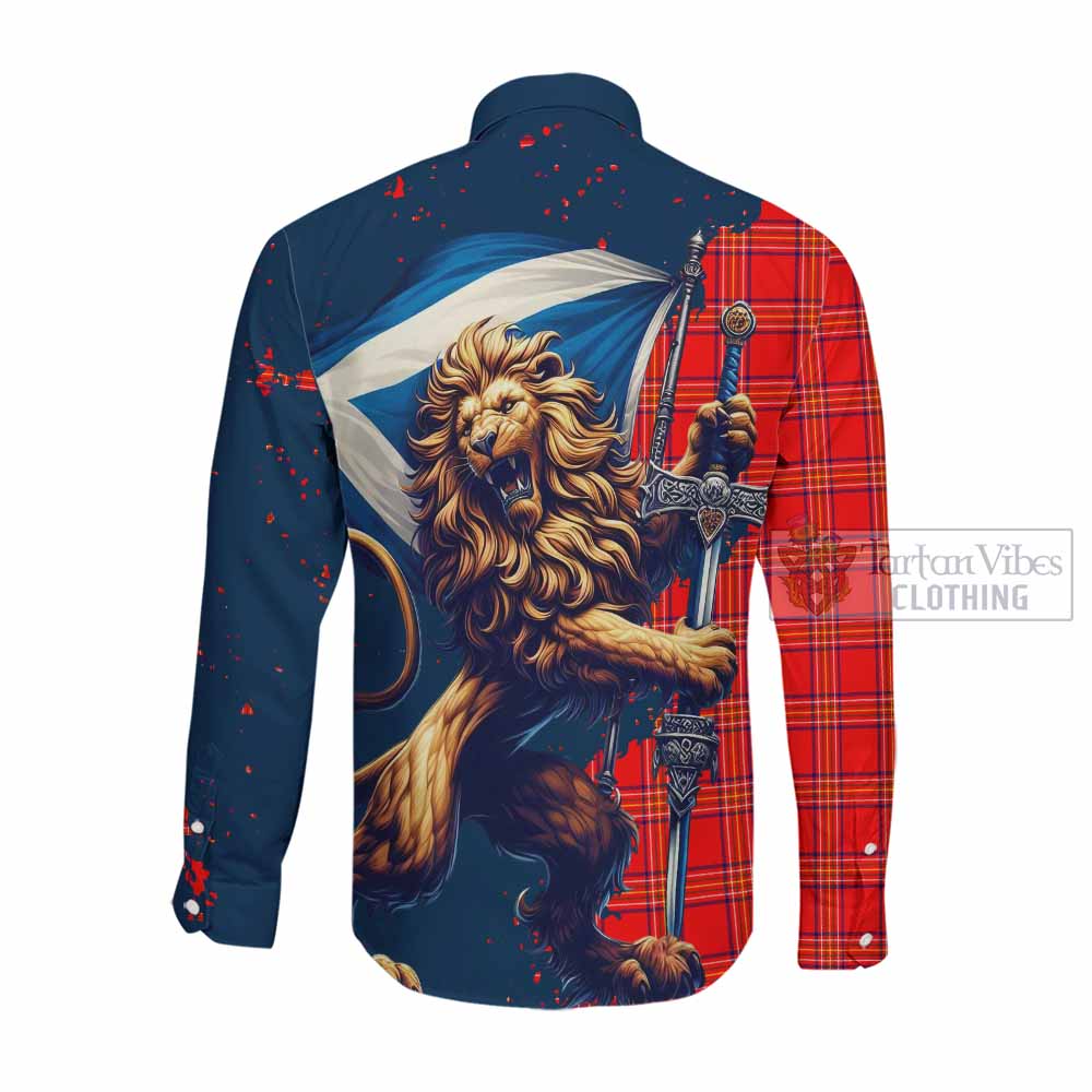 Tartan Vibes Clothing Burnett Tartan Family Crest Long Sleeve Button Shirt with Scottish Majestic Lion