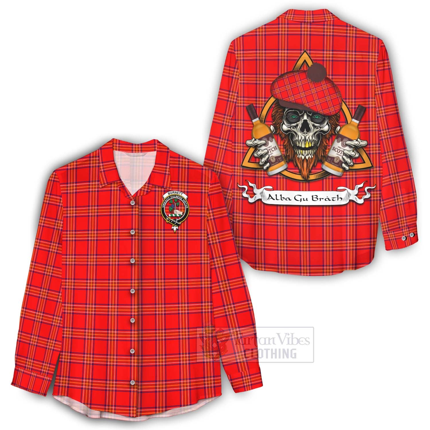 Tartan Vibes Clothing Burnett Tartan Women's Casual Shirt with Family Crest and Bearded Skull Holding Bottles of Whiskey