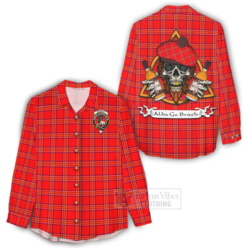 Burnett Tartan Women's Casual Shirt with Family Crest and Bearded Skull Holding Bottles of Whiskey