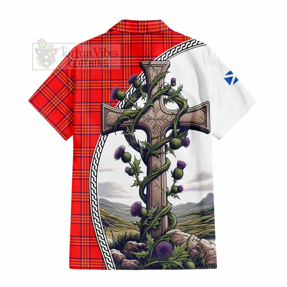 Tartan Vibes Clothing Burnett Tartan Short Sleeve Button Shirt with Family Crest and St. Andrew's Cross Accented by Thistle Vines