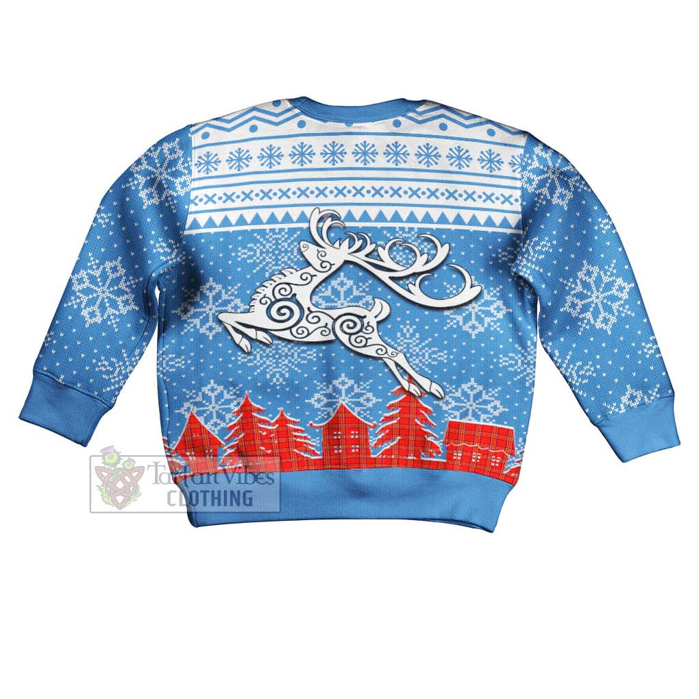 Tartan Vibes Clothing Burnett Clan Christmas Kid Ugly Sweater with Tartan and Celtic Raindeer Style