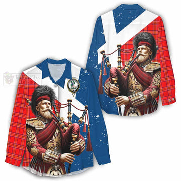 Burnett Tartan Women's Casual Shirt with Family Crest Scottish Bagpiper Vibes