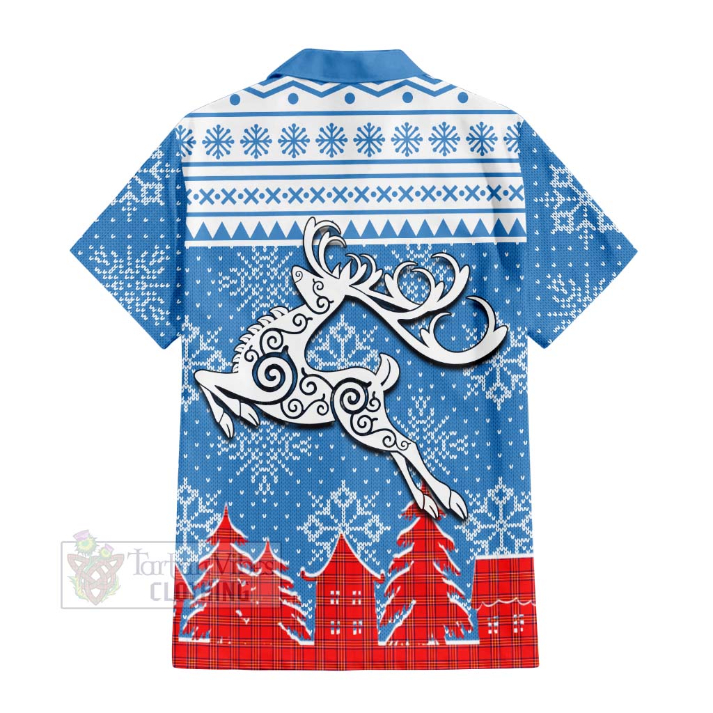 Tartan Vibes Clothing Burnett Clan Christmas Short Sleeve Button Shirt Celtic Reindeer Style