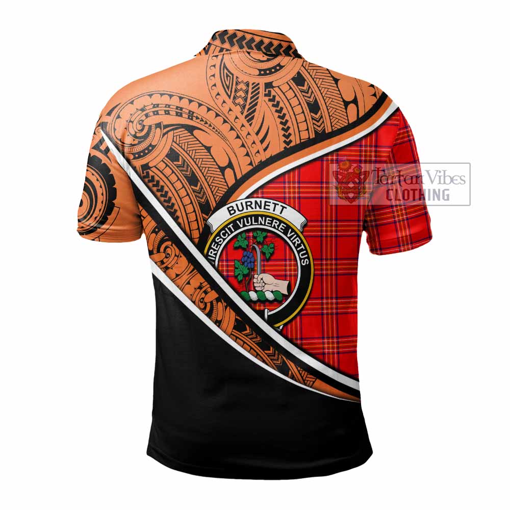 Tartan Vibes Clothing Burnett Crest Tartan Polo Shirt with Maori Tattoo Style - Orange Version