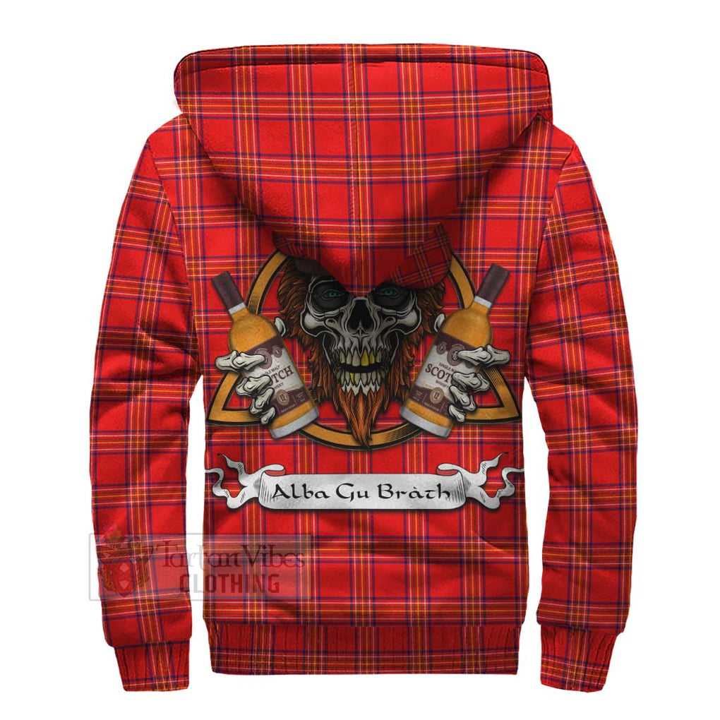 Tartan Vibes Clothing Burnett Tartan Sherpa Hoodie with Family Crest and Bearded Skull Holding Bottles of Whiskey