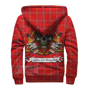 Burnett Tartan Sherpa Hoodie with Family Crest and Bearded Skull Holding Bottles of Whiskey