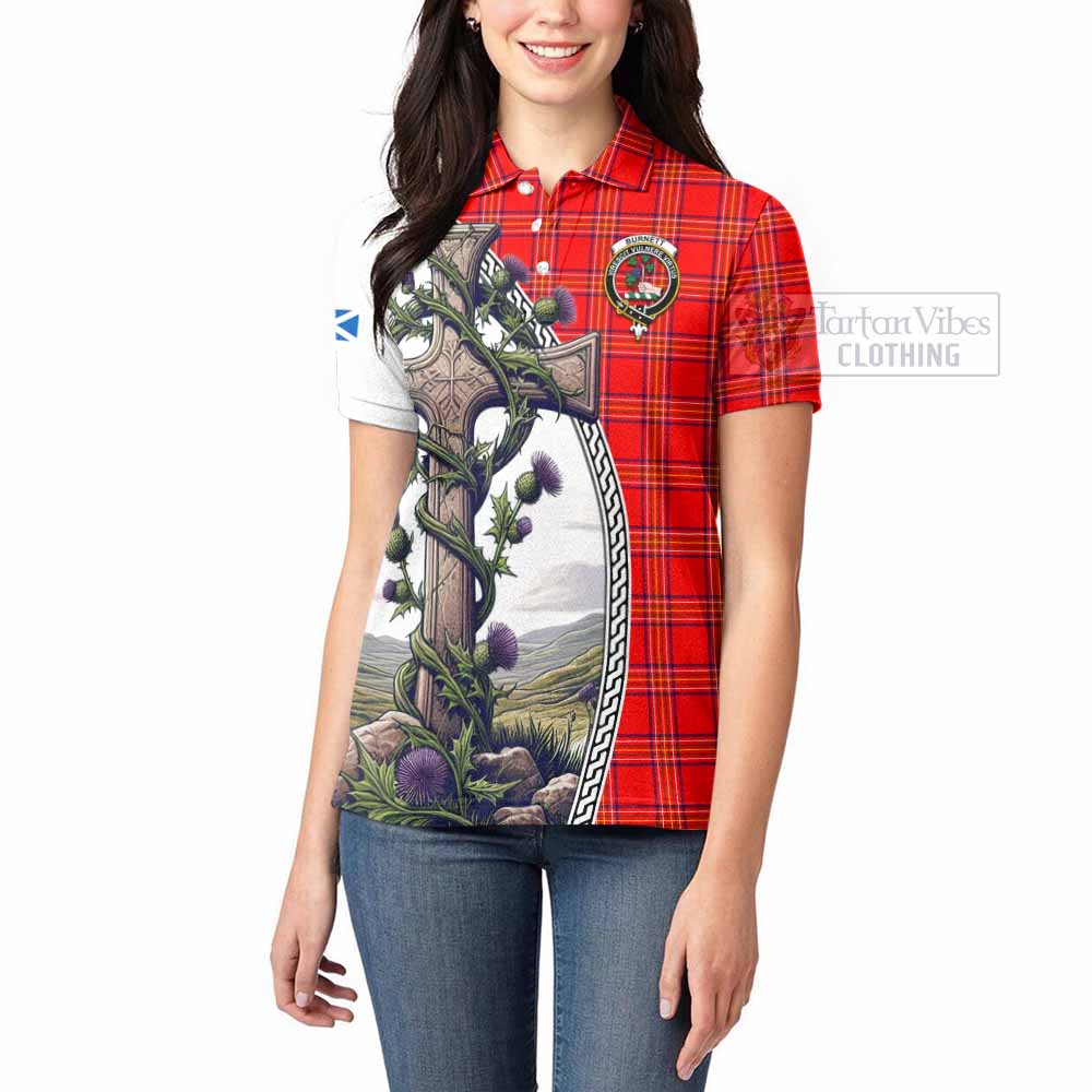 Tartan Vibes Clothing Burnett Tartan Women's Polo Shirt with Family Crest and St. Andrew's Cross Accented by Thistle Vines