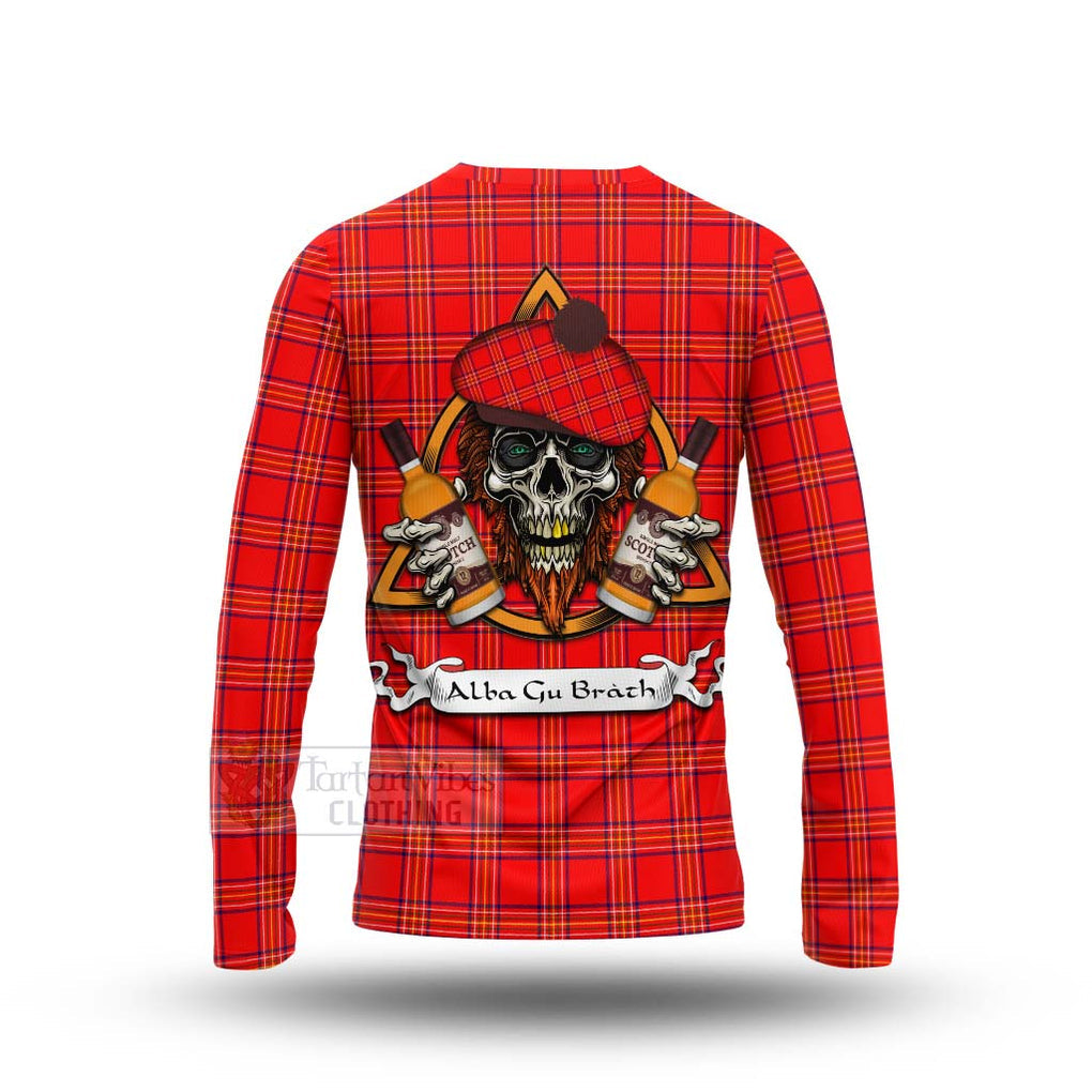 Tartan Vibes Clothing Burnett Tartan Long Sleeve T-Shirt with Family Crest and Bearded Skull Holding Bottles of Whiskey