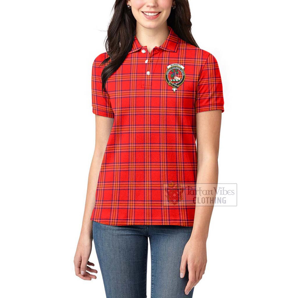 Tartan Vibes Clothing Burnett Tartan Women's Polo Shirt with Family Crest and Bearded Skull Holding Bottles of Whiskey