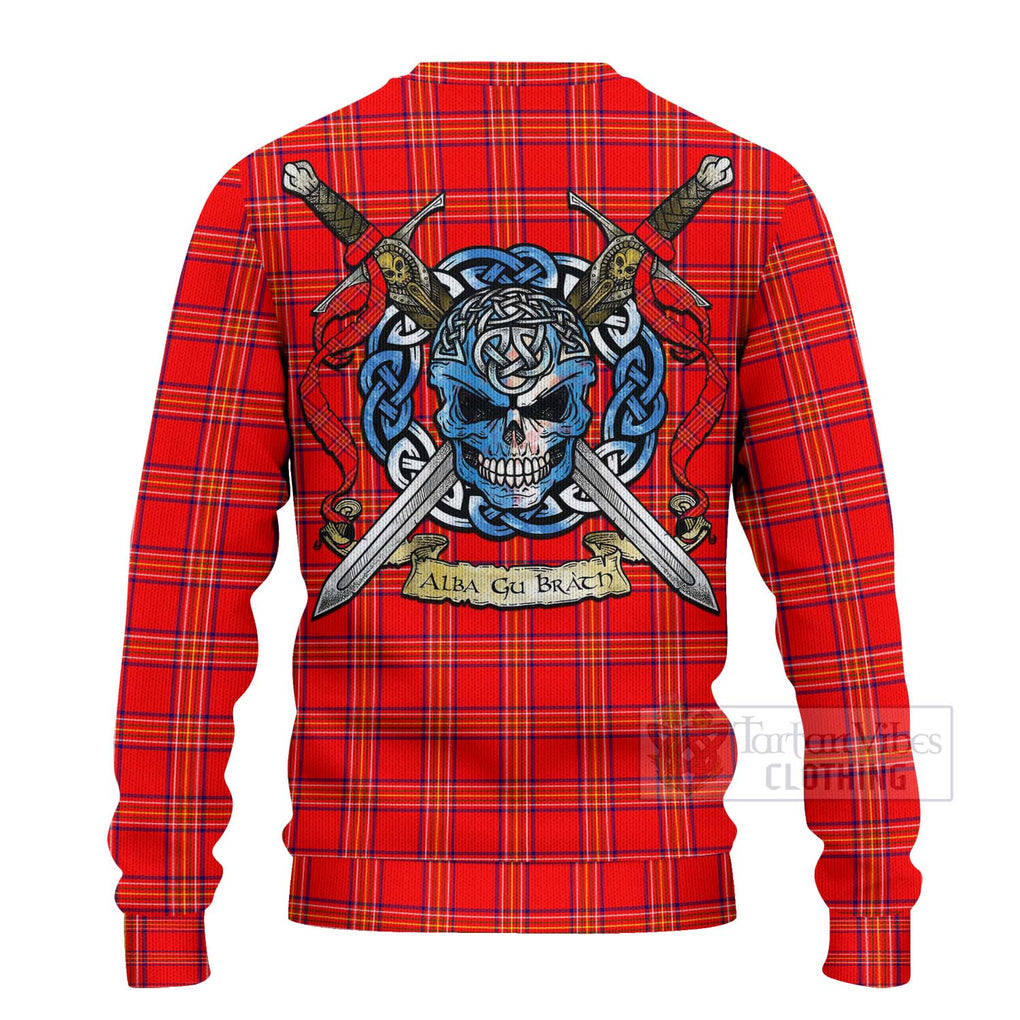 Tartan Vibes Clothing Burnett Tartan Knitted Sweater with Family Crest Celtic Skull Style