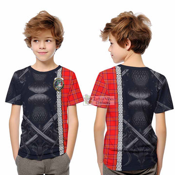 Burnett Tartan Kid T-Shirt with Family Crest Cross Sword Thistle Celtic Vibes