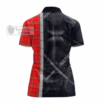 Burnett Tartan Women's Polo Shirt with Family Crest Cross Sword Thistle Celtic Vibes