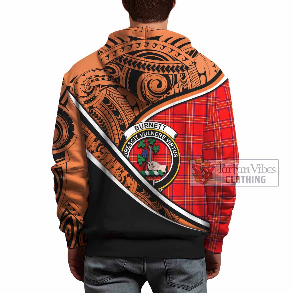 Tartan Vibes Clothing Burnett Crest Tartan Hoodie with Maori Tattoo Style - Orange Version