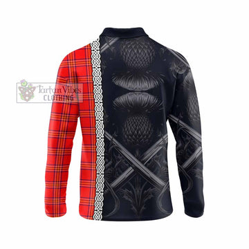 Burnett Tartan Long Sleeve Polo Shirt with Family Crest Cross Sword Thistle Celtic Vibes