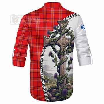 Burnett Tartan Ghillie Kilt Shirt with Family Crest and St. Andrew's Cross Accented by Thistle Vines