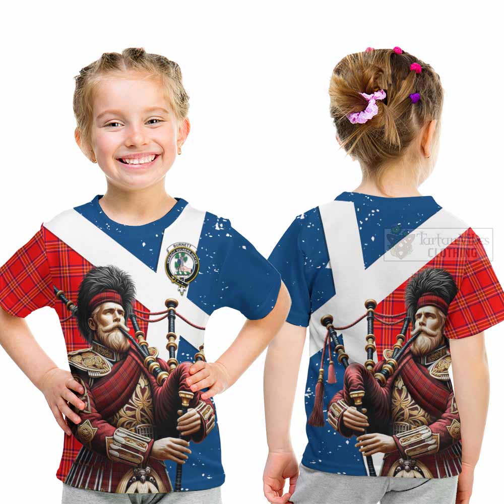 Tartan Vibes Clothing Burnett Tartan Kid T-Shirt with Family Crest Scottish Bagpiper Vibes