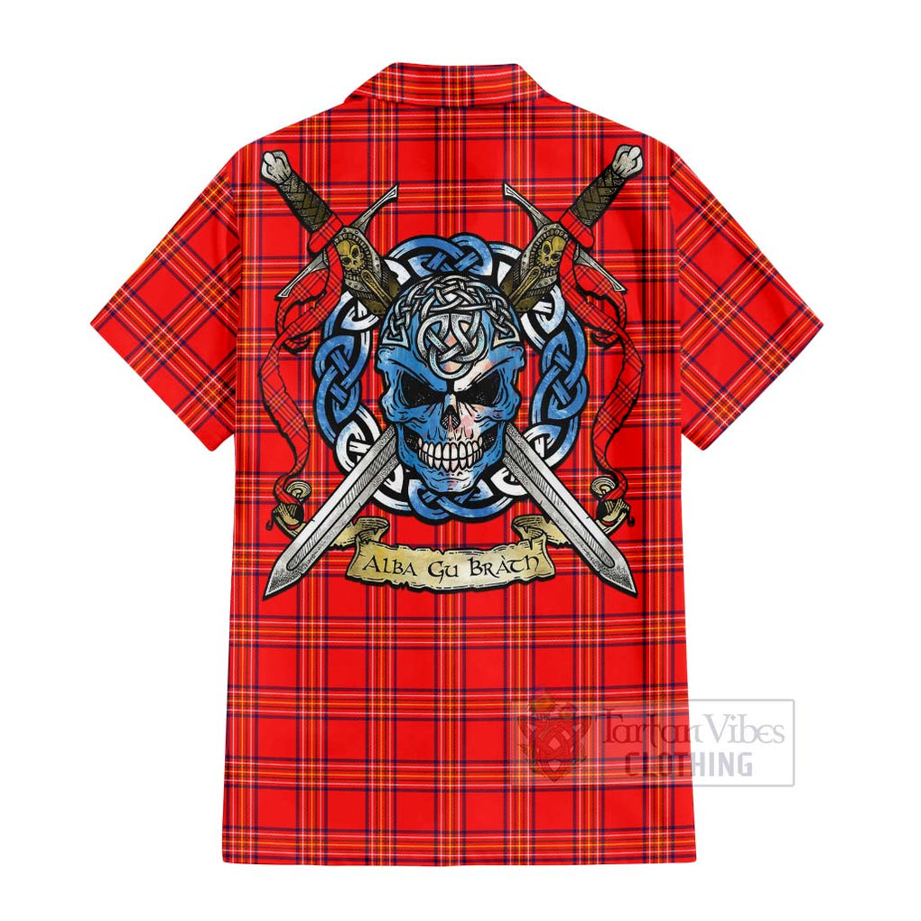 Tartan Vibes Clothing Burnett Tartan Short Sleeve Button Shirt with Family Crest Celtic Skull Style