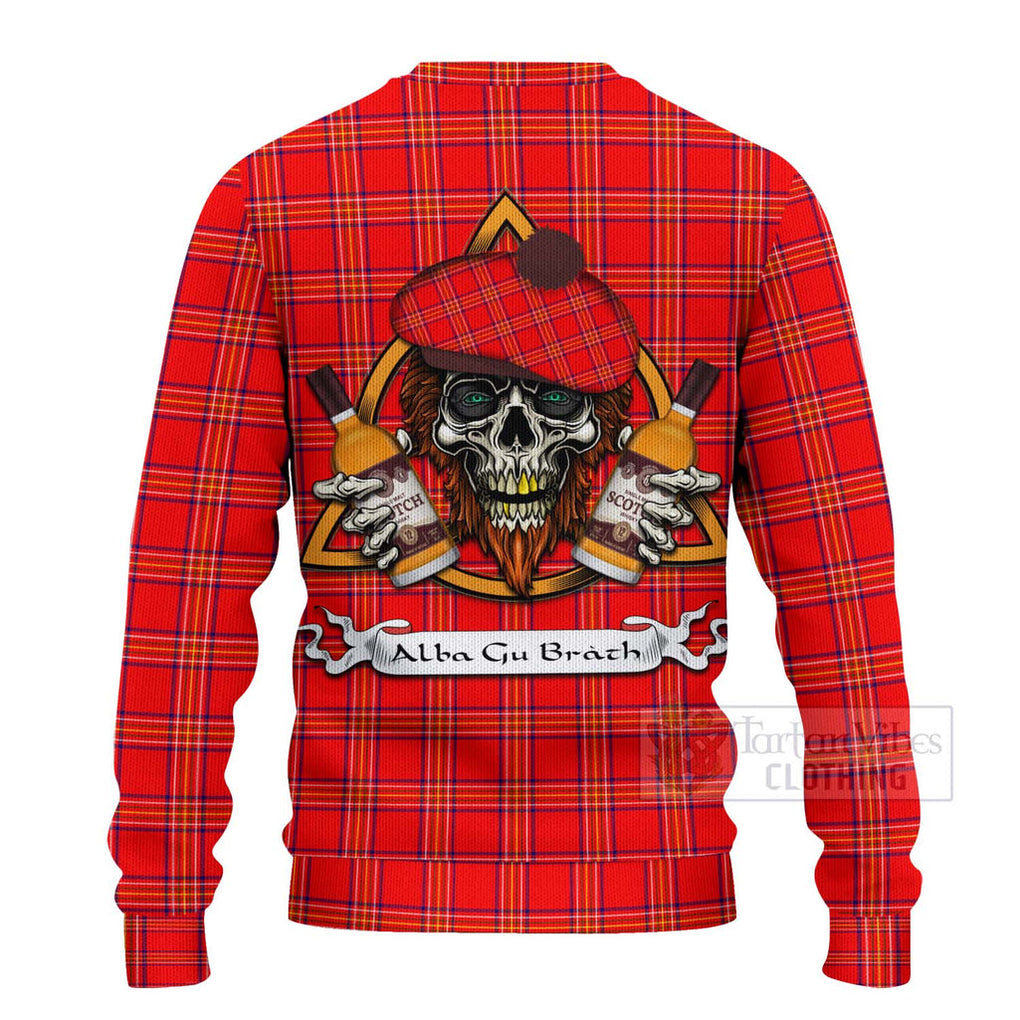 Tartan Vibes Clothing Burnett Tartan Knitted Sweater with Family Crest and Bearded Skull Holding Bottles of Whiskey