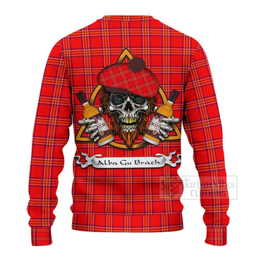 Burnett Tartan Ugly Sweater with Family Crest and Bearded Skull Holding Bottles of Whiskey