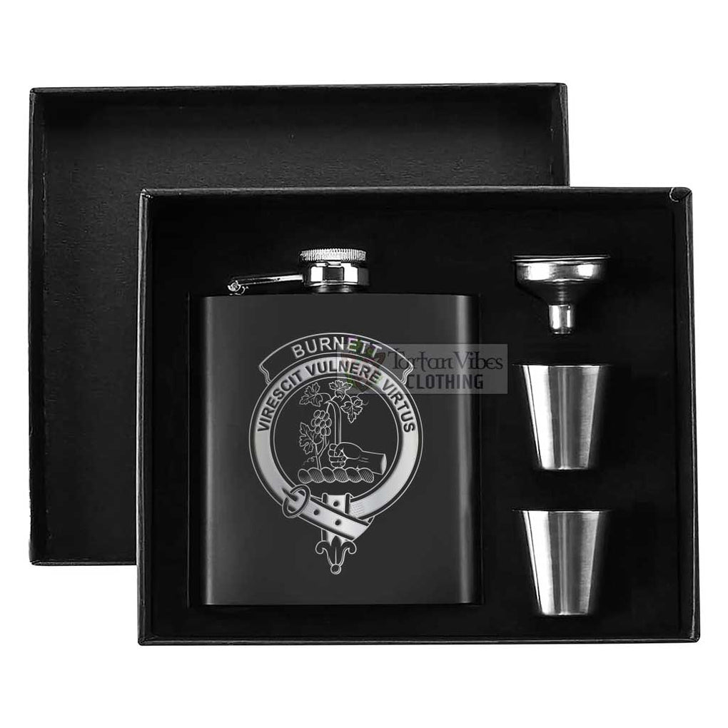 Tartan Vibes Clothing Burnett Crest Hip Flask Set 7oz Black Stainless Steel with A Gift Box