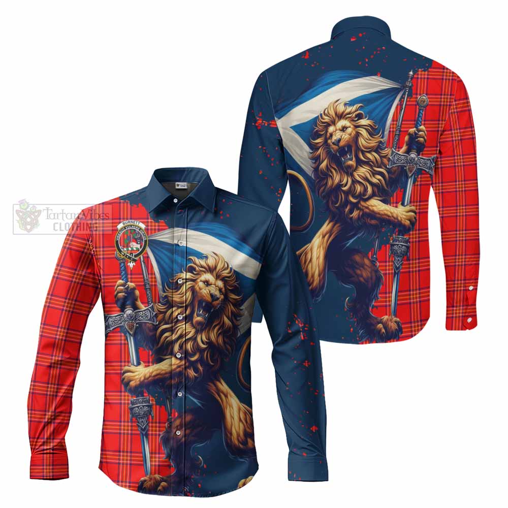 Tartan Vibes Clothing Burnett Tartan Family Crest Long Sleeve Button Shirt with Scottish Majestic Lion