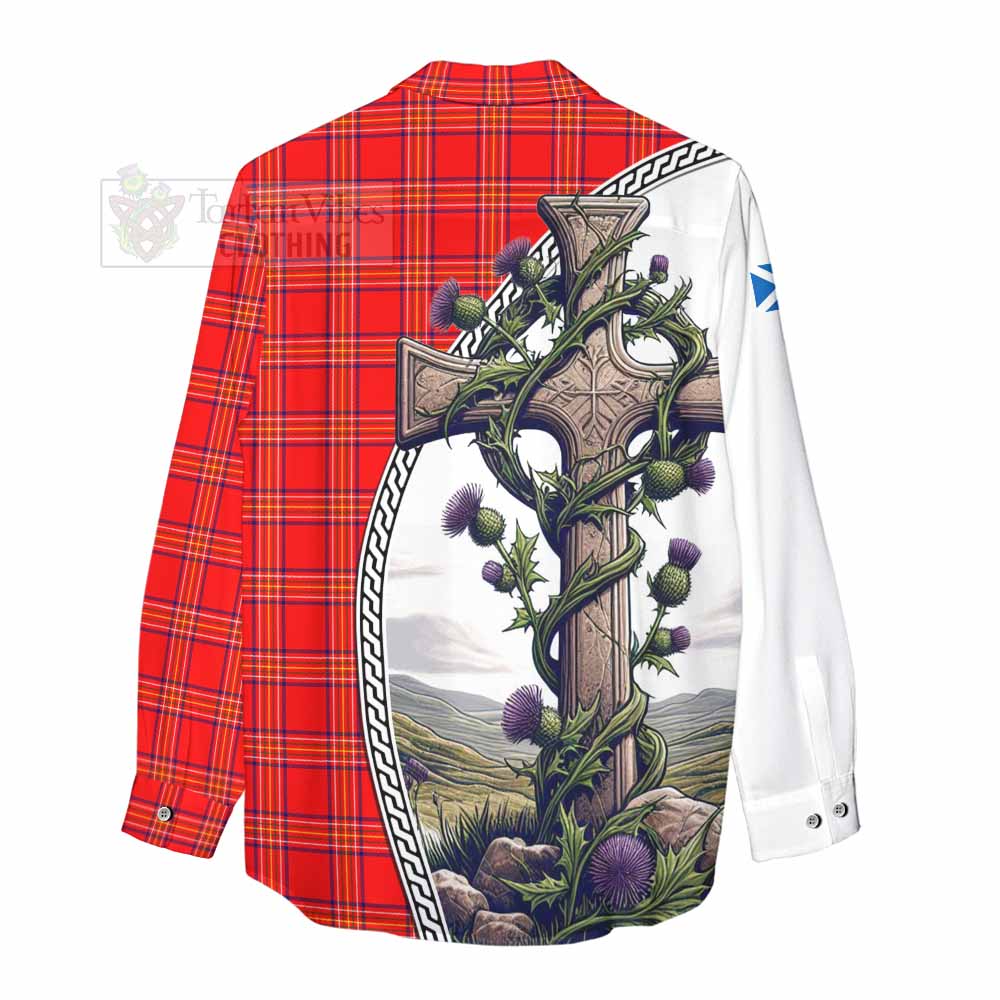 Tartan Vibes Clothing Burnett Tartan Women's Casual Shirt with Family Crest and St. Andrew's Cross Accented by Thistle Vines