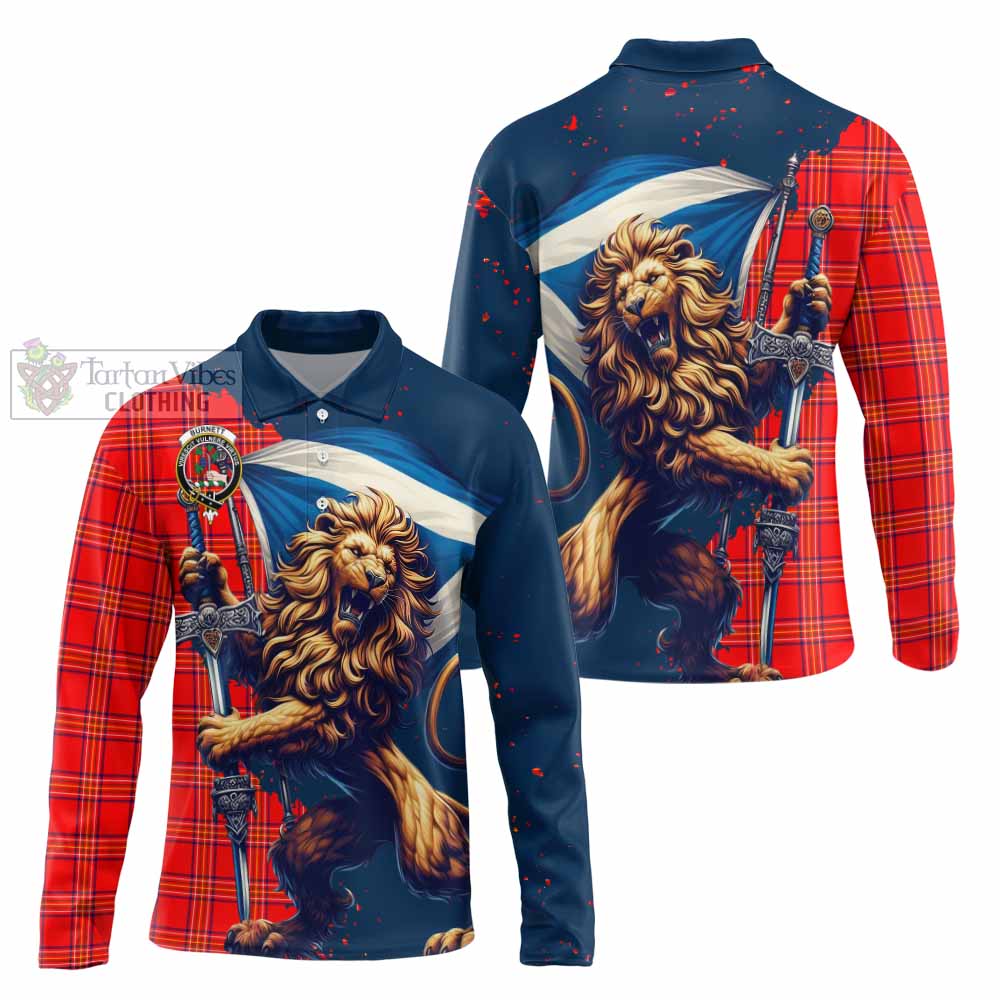 Tartan Vibes Clothing Burnett Tartan Family Crest Long Sleeve Polo Shirt with Scottish Majestic Lion