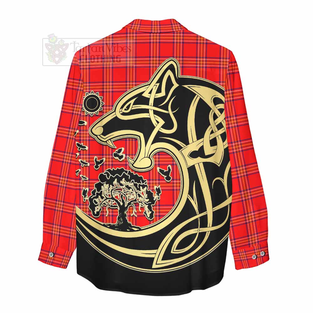 Tartan Vibes Clothing Burnett Tartan Women's Casual Shirt with Family Crest Celtic Wolf Style