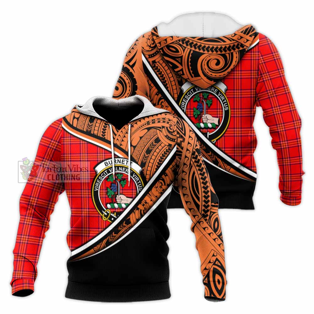 Tartan Vibes Clothing Burnett Crest Tartan Knitted Hoodie with Maori Tattoo Style - Orange Version