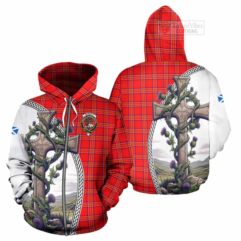 Tartan Vibes Clothing Burnett Tartan Hoodie with Family Crest and St. Andrew's Cross Accented by Thistle Vines