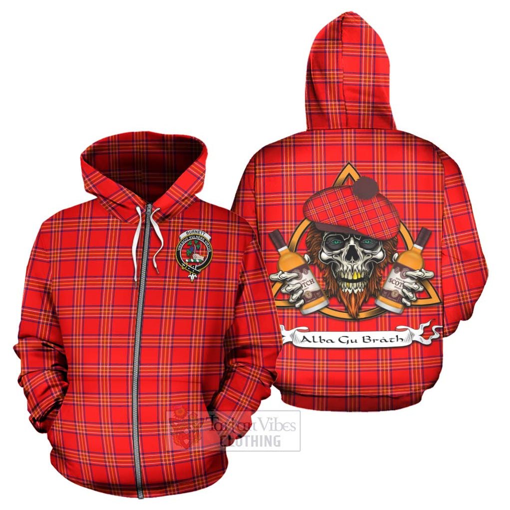 Tartan Vibes Clothing Burnett Tartan Hoodie with Family Crest and Bearded Skull Holding Bottles of Whiskey