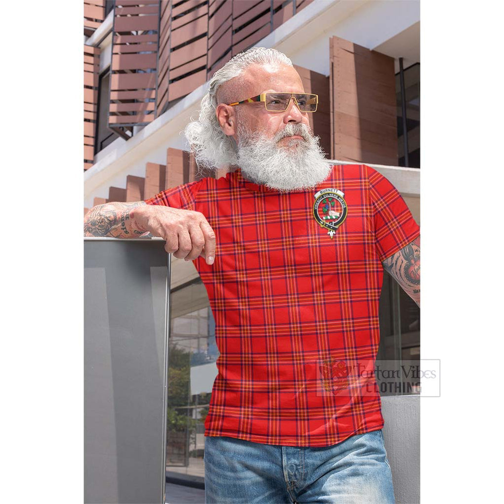 Tartan Vibes Clothing Burnett Tartan Cotton T-shirt with Family Crest and Bearded Skull Holding Bottles of Whiskey