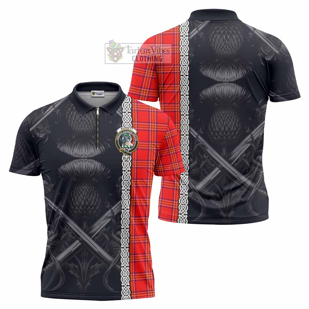 Tartan Vibes Clothing Burnett Tartan Zipper Polo Shirt with Family Crest Cross Sword Thistle Celtic Vibes