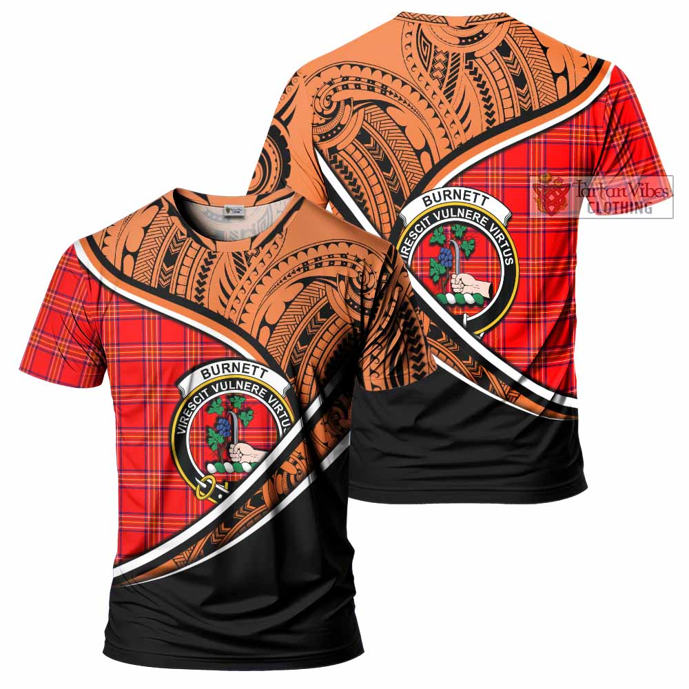 Tartan Vibes Clothing Burnett Crest Tartan T-Shirt with Maori Tattoo Style - Orange Version