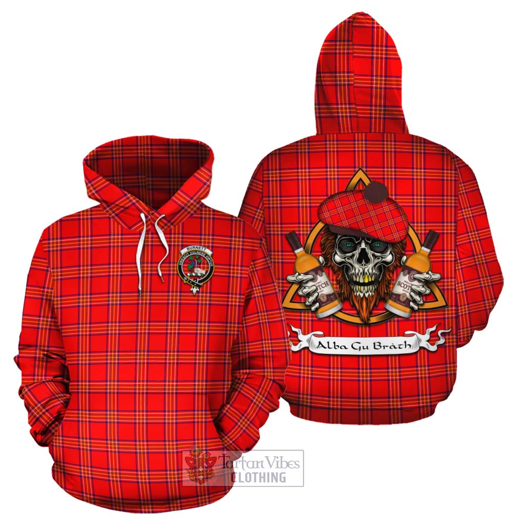 Tartan Vibes Clothing Burnett Tartan Cotton Hoodie with Family Crest and Bearded Skull Holding Bottles of Whiskey