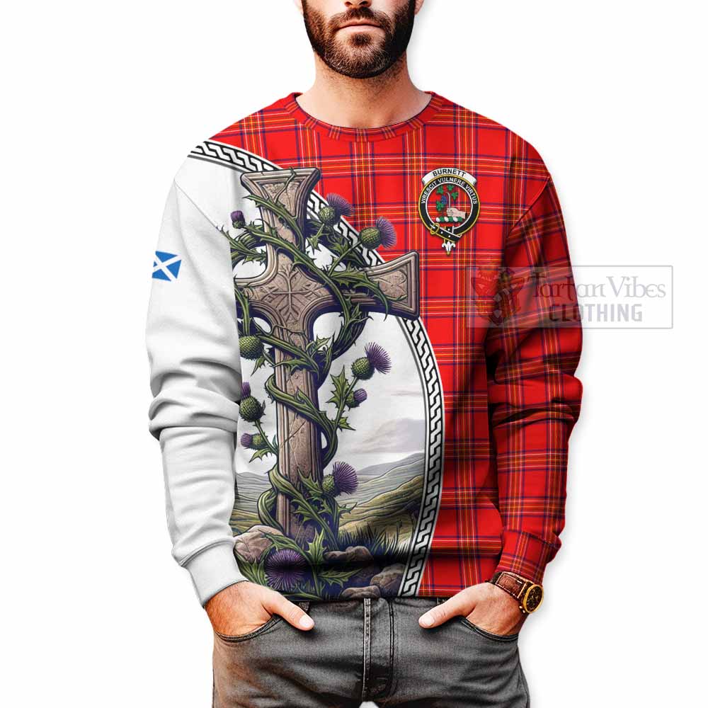 Tartan Vibes Clothing Burnett Tartan Sweatshirt with Family Crest and St. Andrew's Cross Accented by Thistle Vines