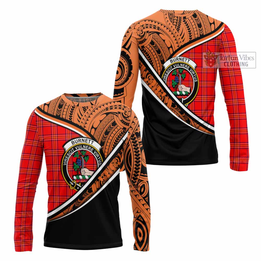 Tartan Vibes Clothing Burnett Crest Tartan Long Sleeve T-Shirt with Maori Tattoo Style - Orange Version