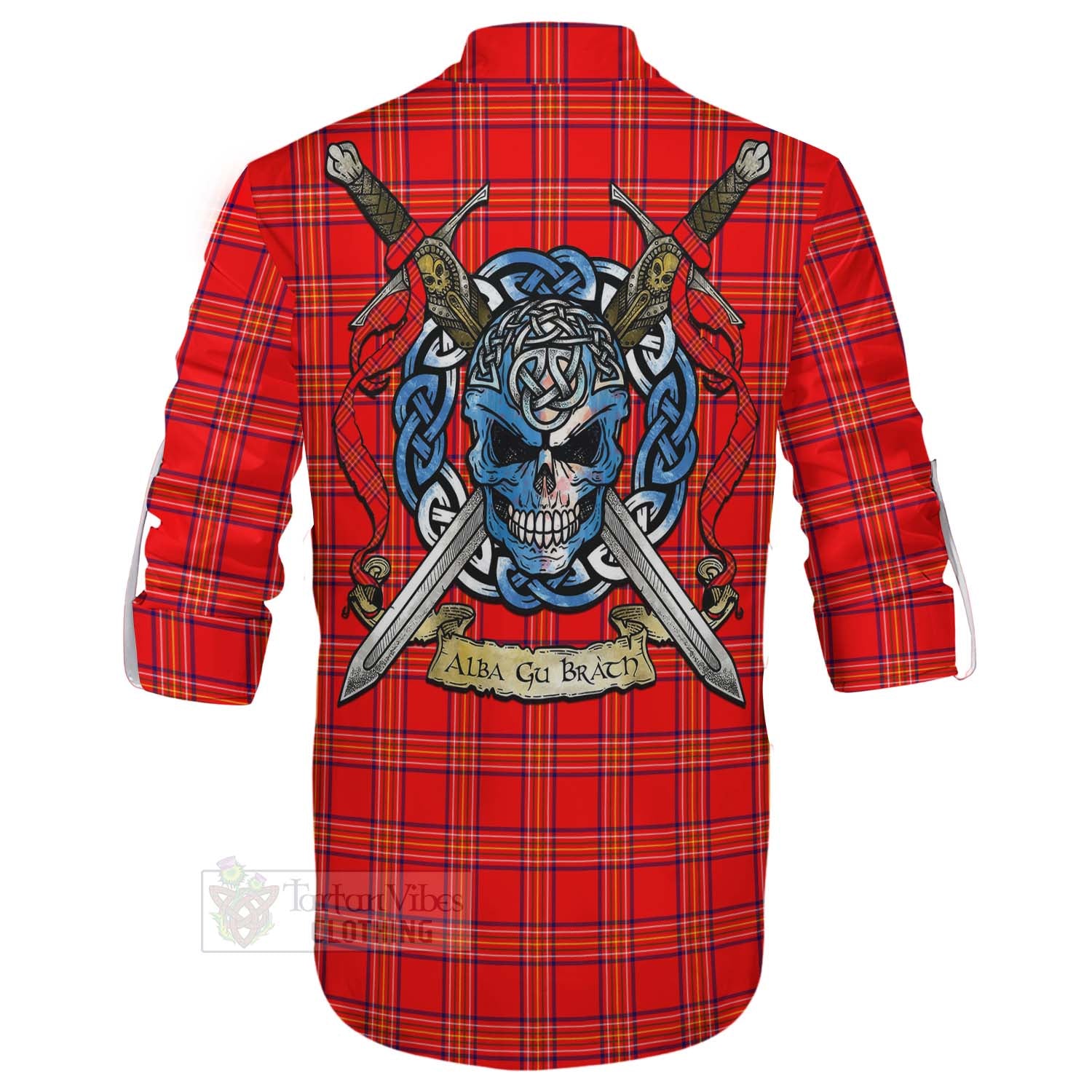 Tartan Vibes Clothing Burnett Tartan Ghillie Kilt Shirt with Family Crest Celtic Skull Style