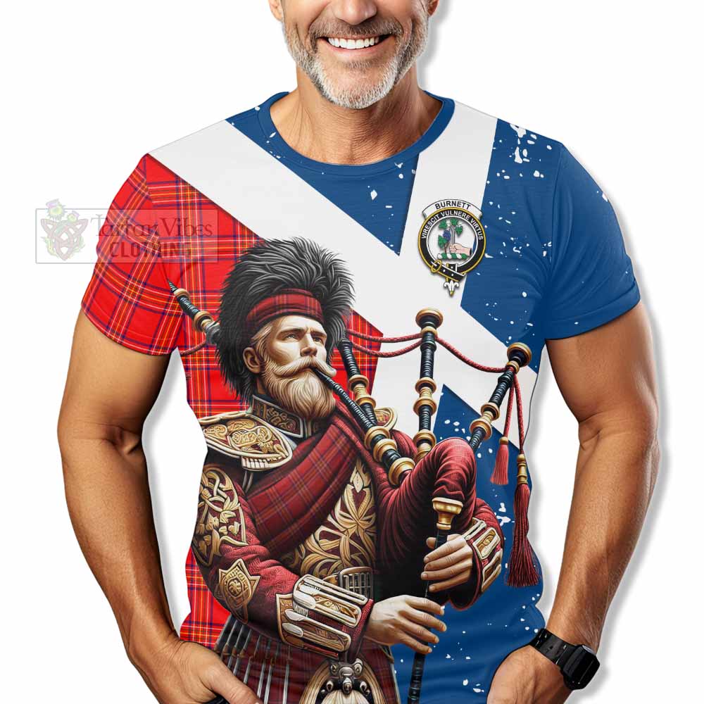 Tartan Vibes Clothing Burnett Tartan T-Shirt with Family Crest Scottish Bagpiper Vibes