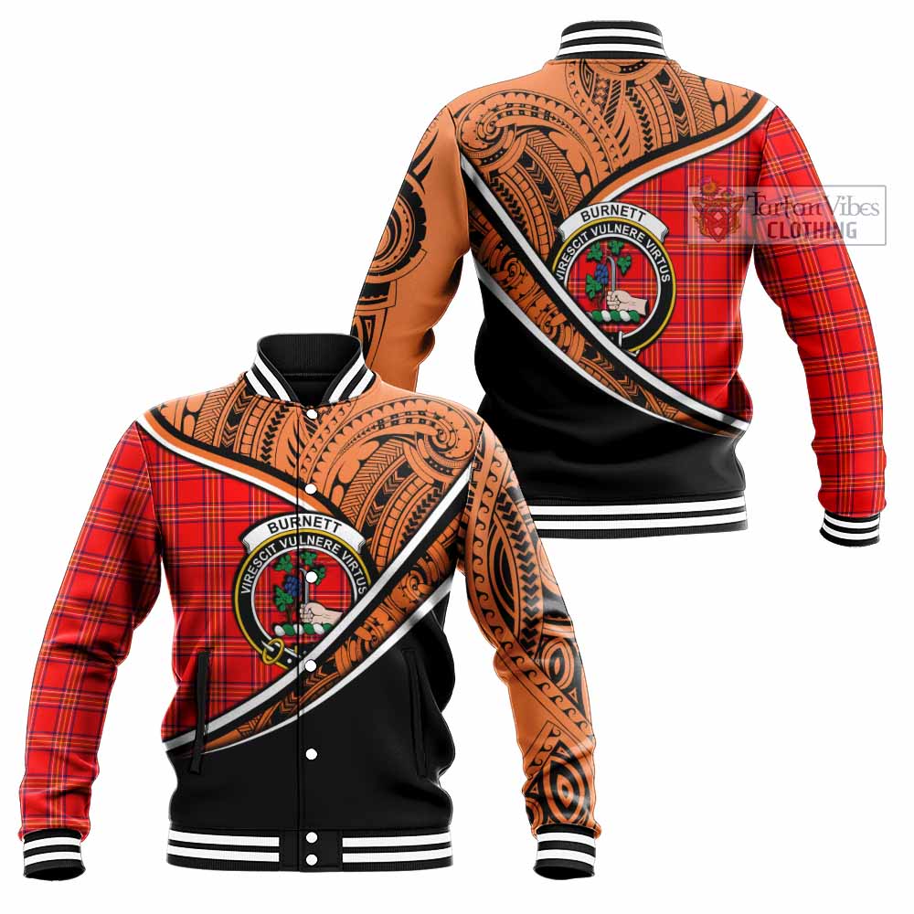 Tartan Vibes Clothing Burnett Crest Tartan Baseball Jacket with Maori Tattoo Style - Orange Version