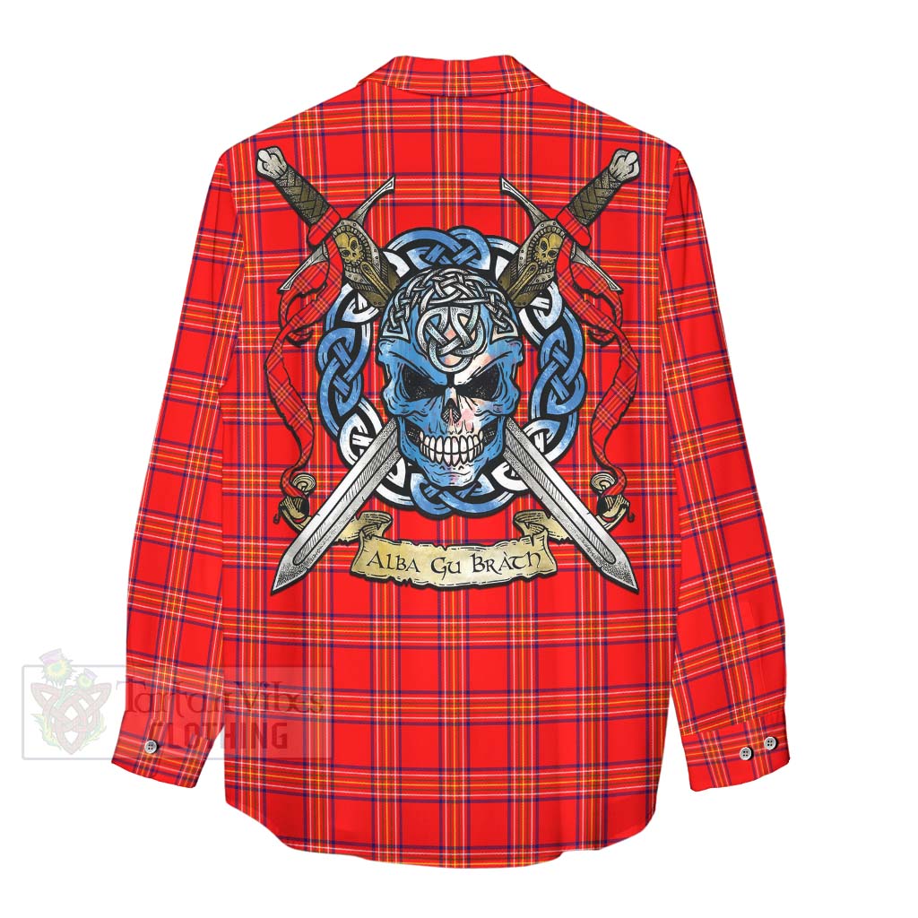 Tartan Vibes Clothing Burnett Tartan Women's Casual Shirt with Family Crest Celtic Skull Style