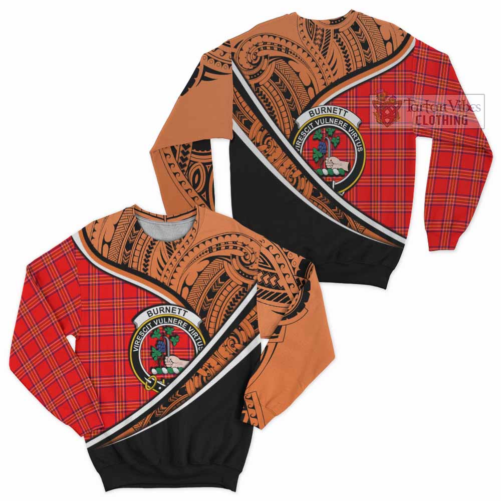 Tartan Vibes Clothing Burnett Crest Tartan Sweatshirt with Maori Tattoo Style - Orange Version