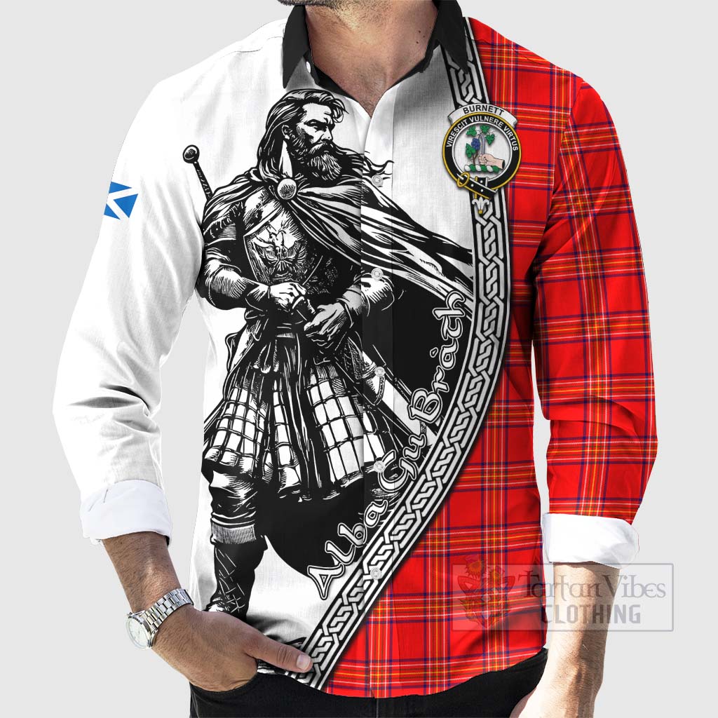 Tartan Vibes Clothing Burnett Tartan Clan Crest Long Sleeve Button Shirt with Highlander Warrior Celtic Style