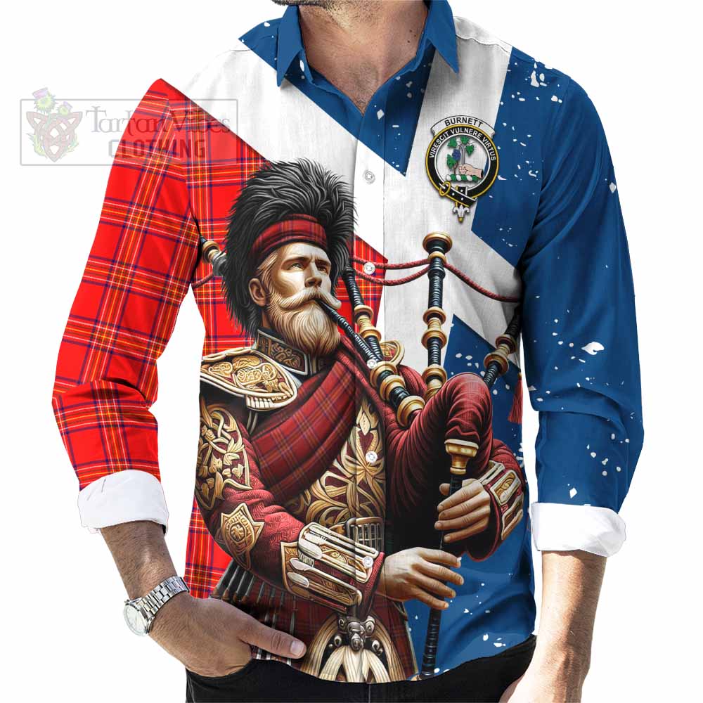 Tartan Vibes Clothing Burnett Tartan Long Sleeve Button Shirt with Family Crest Scottish Bagpiper Vibes