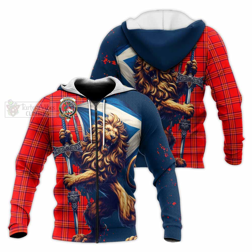 Tartan Vibes Clothing Burnett Tartan Family Crest Knitted Hoodie with Scottish Majestic Lion