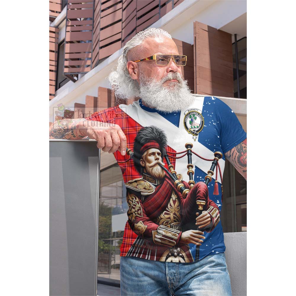 Tartan Vibes Clothing Burnett Tartan Cotton T-shirt with Family Crest Scottish Bagpiper Vibes